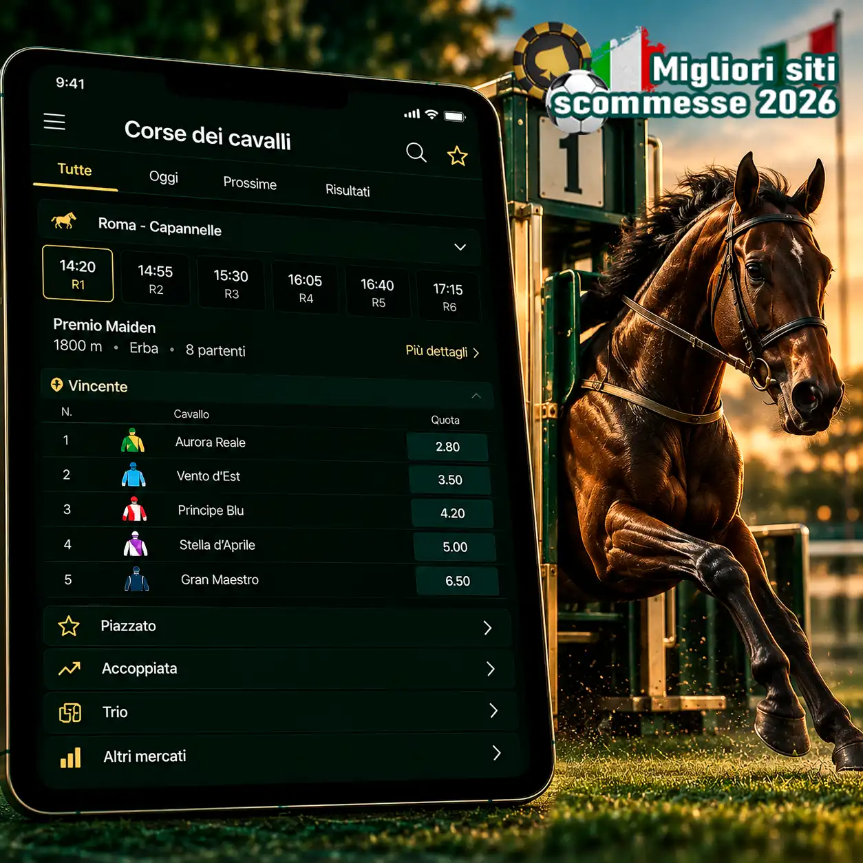 Scommesse ippiche su tablet con mercati di gara e cavallo come simbolo principale.